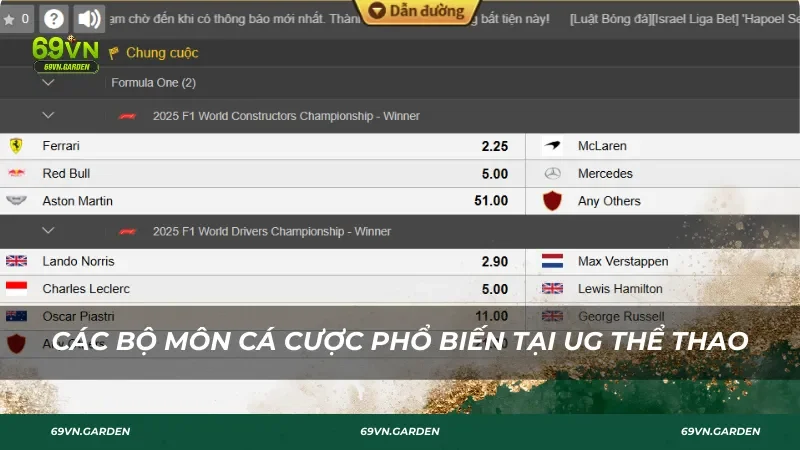 Các bộ môn cá cược phổ biến tại UG thể thao