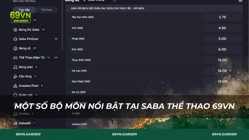 Một số bộ môn nổi bật tại SABA thể thao 69VN